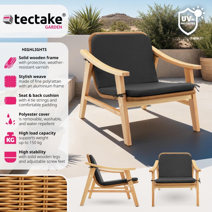 Immagine prodotto tectake Sedia in rattan Treviso, struttura in legno e cuscino