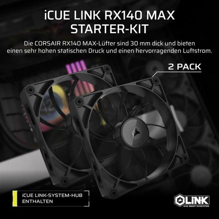 Produktbild Corsair RX MAX Series, iCUE LINK RX140 MAX, 140mm Fan, Dual Fan Kit (140 mm, 2x)