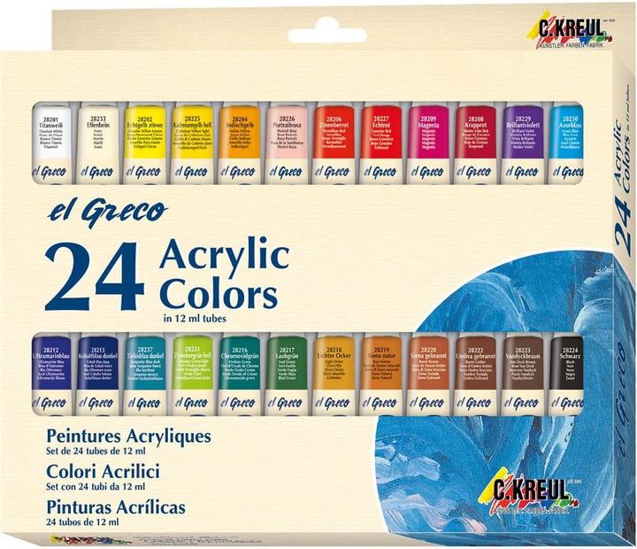 Produktbild Kreul El Greco (Krapprot, Magenta, Ultramarinblau, Laubgrün, Zinnobergrün hell, Echtgelb Zitron, Lichter Ocker, zinnoberrot, Titanweiss, Umbra gebrannt, Azurblau, Elfenbein, Türkisblau dunkel, Kobaltblau dunkel, Kadmiumgelb, Chromoxidgrün, Brillantviolett, Schwarz, Vandyckbraun, Indischgelb, Echtrot, Portraitrosa)