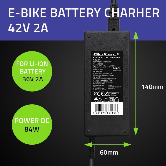 Actual product image Qoltec Ładowarka do baterii roweru elektrycznego 36V | 42V | 2A | 5.5*2.1 (E-bike charger)
