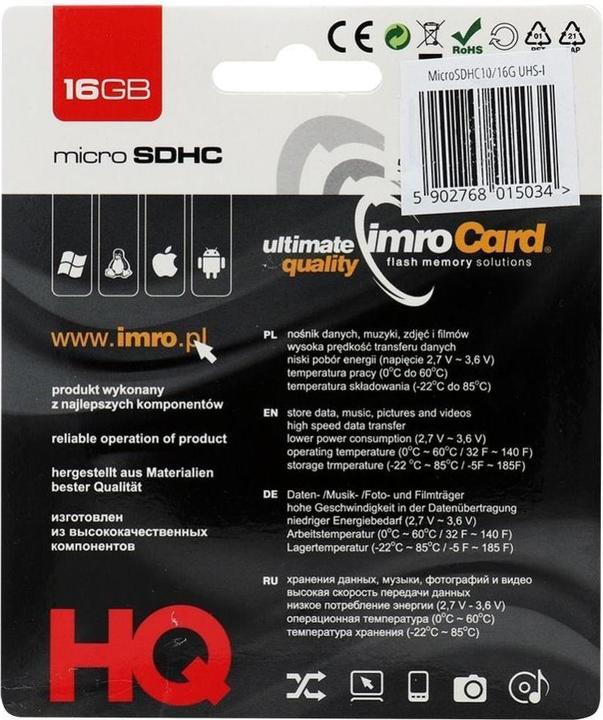 Produktbild IMRO 10/16G UHS-I - 16 GB - MicroSDHC - Klasse 10 - UHS-I - 82 MB/s - 21 MB/s (16 GB, microSDHC, U1, UHS-I)