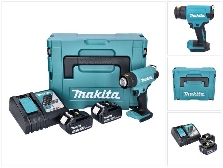 1x Makita DHG 180 batterie soufflerie d'air chaud, 2x Makita BL 1840 B 18 V 4,0 Ah batterie, 1x Makita DC 18 RC chargeur, 1x Makita Makpac valise, 1x universel insert