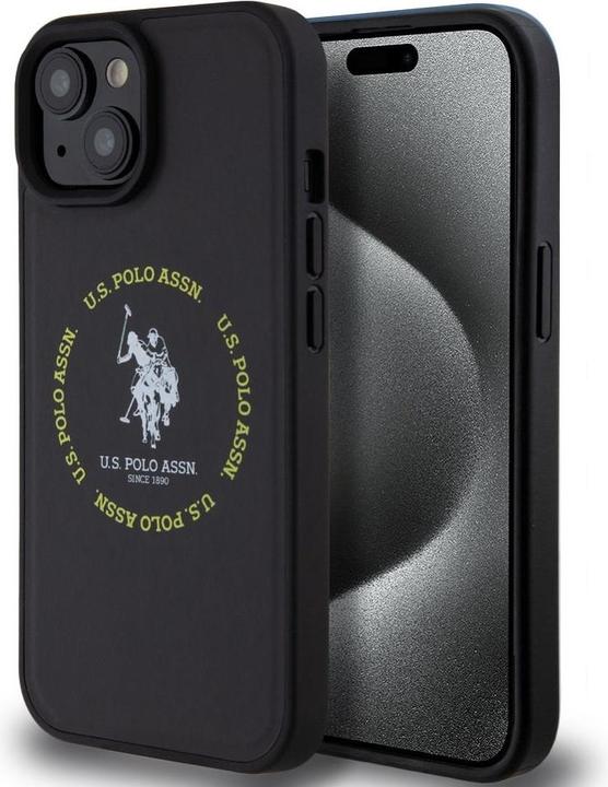 U.S. Polo PU Leather Printed Round Double Horse MagSafe Case for iPhone 15 Black (Apple iPhone 15)