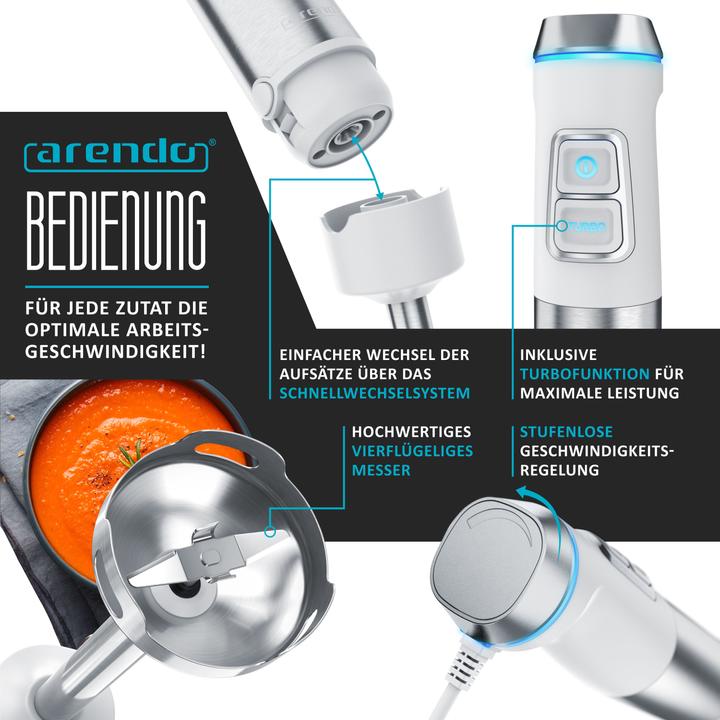 Produktbild Arendo Stabmixer 1200W, Pürierstab Edelstahl Set mit Messbecher, Zerkleinerer, Schneebesen, DC Motor, Weiss
