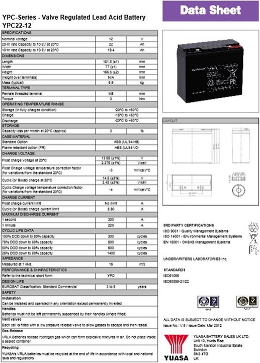 Actual product image Yuasa Battery YPC22-12 (12 V, 22 Ah)