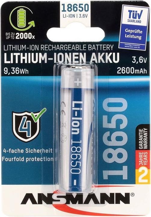 Ansmann Akku 18650, geschützter Akku durch Sicherheitsbeschaltung (1 Stk., 18650, 2600 mAh)