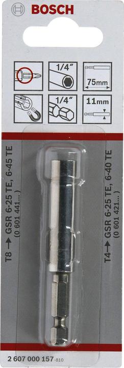 Immagine prodotto Bosch Professional Zubehör Supporto universale, 1/4 di pollice, 75mm, 11mm, (in combinazione con l'arresto di profondità T8/T4) (11mm)
