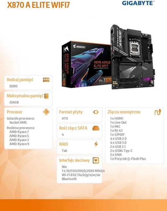 Produktbild Gigabyte X870 AORUS ELITE WIFI7 (AM5, AMD X870, ATX)
