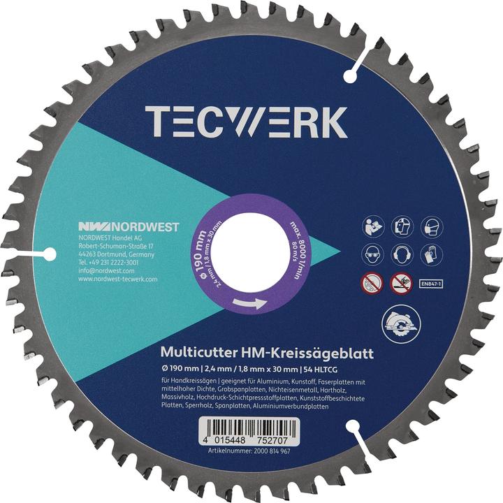 Tecwerk Handkreissägeblatt Aussen-Ø 160 mm Zähnezahl 42 HLTCG Bohrung 20 mm Schnittbreite 2,4 mm