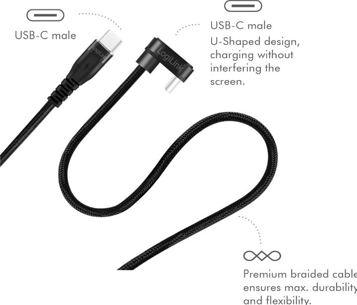 Actual product image LogiLink USB 2.0 Type-C cable, C/M 180° to USB-C/M, aluminium, black, 2 m (2 m, USB 2.0, 60 W)