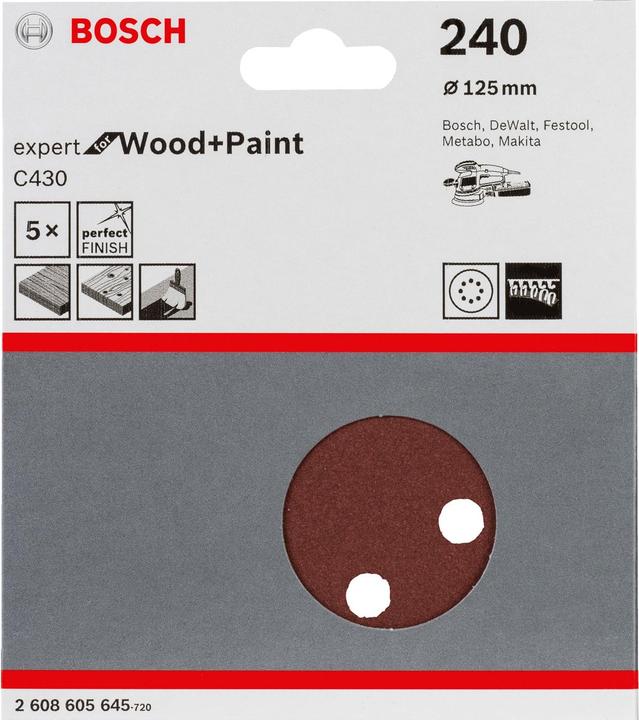 Produktbild Bosch Professional Zubehör Schleifblatt C430, 125 mm, 240, 8 Löcher, Klett, 5er-Pack (240)