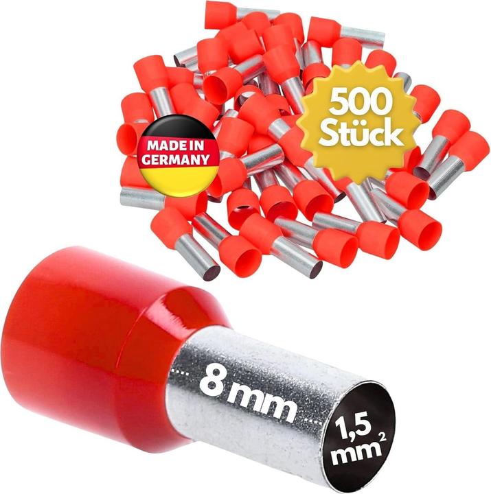 Kalitec 500 pieces AE1508RT Wire end ferrules insulated 1.5mm² 8mm long red I Made in Germany I Industrieq