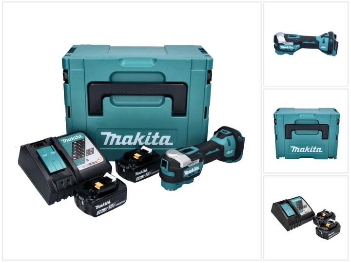 1x Makita DTM 52 cordless multifunction tool, 2x Makita BL 1830 B 18 V 3.0 Ah battery, 1x Makita DC 18 RC battery charger, 1x Makita Makpac, 1x universal insert