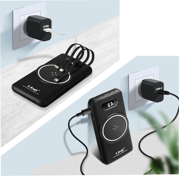 Immagine prodotto LinQ Powerbank da 15.000 mAh con ricarica wireless + USB / USB-C + cavo multiplo (15000 mAh)