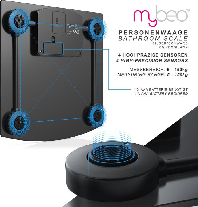Produktbild Mybeo Personenwaage, Digitale Edelstahl Körperwaage 3,5" Display, DMS-Sensoren, max. 150kg (150 kg)