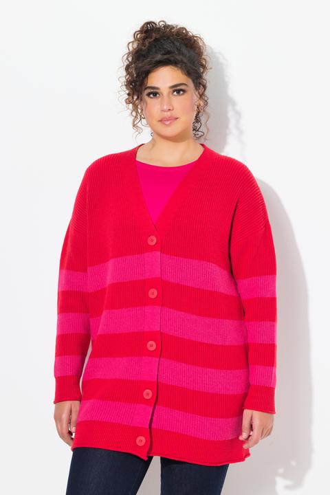 Image du produit Ulla Popken Cardigan rayé à bords roulottés, encolure en V et coupe Boxy (42, 44)