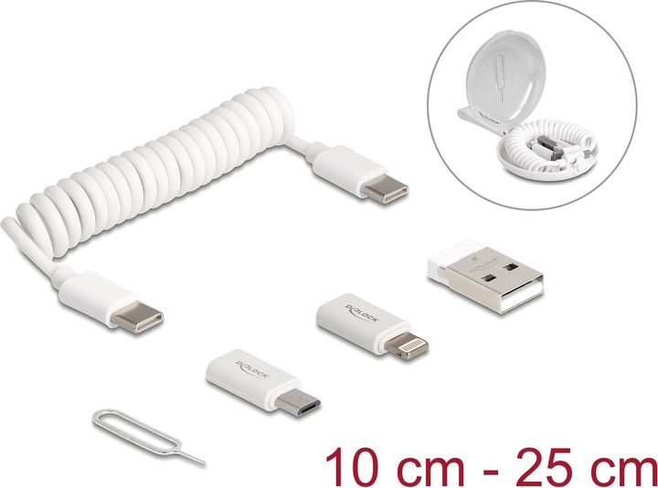 Actual product image Delock 5 in 1 USB data and charging cable and adapter set PD 3.0 60 W white (0.10 m, USB 2.0)