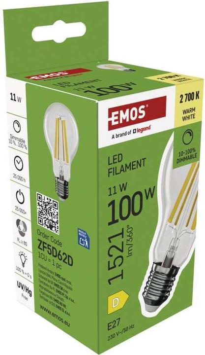 Produktbild Emos LED Lampe Filament A60 / E27 / 11W (100 W) / 1 521 lm / Warmweiss / dimmbar (E27, 1521 lm, 1x)