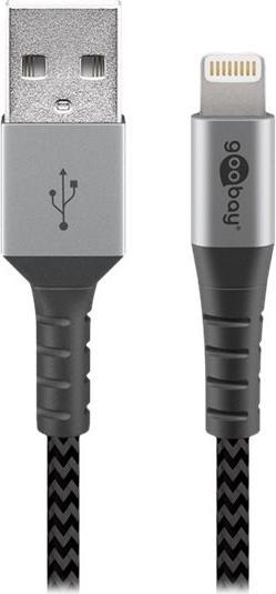 Actual product image Goobay Lightning to USB-A textile cable with metal plugs (space gray/silver) 2 m, 2 m, black-gray (2 m, USB 2.0)