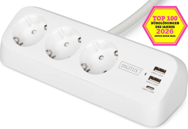 Digitus 3-fach Office-Steckdosenleiste mit 2x USB-A und 1x USB-C Anschlüssen, Weiss (3x, CEE 7/3, USB-A, USB-C, 1.50 m)