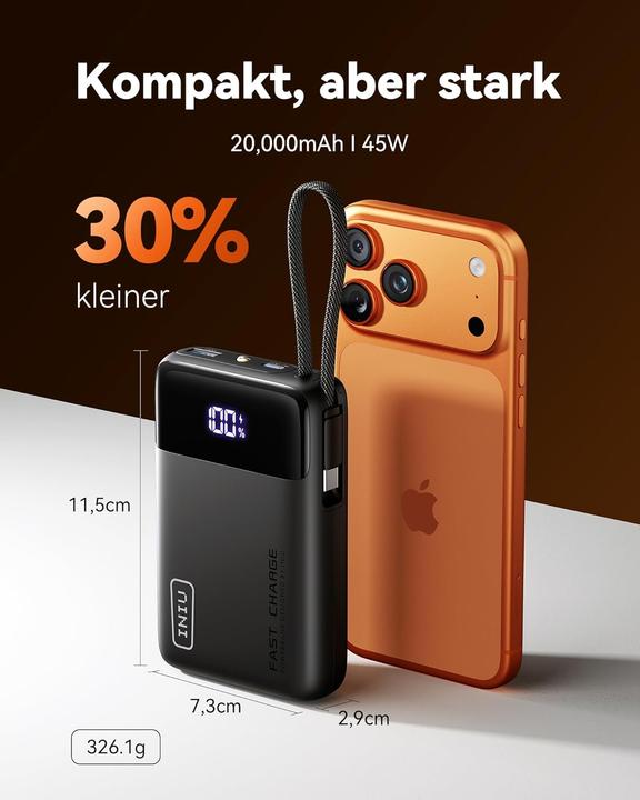 Image du produit INIU Powerbank mit integriertem USB-C Kabel (20000 mAh, 45 W)