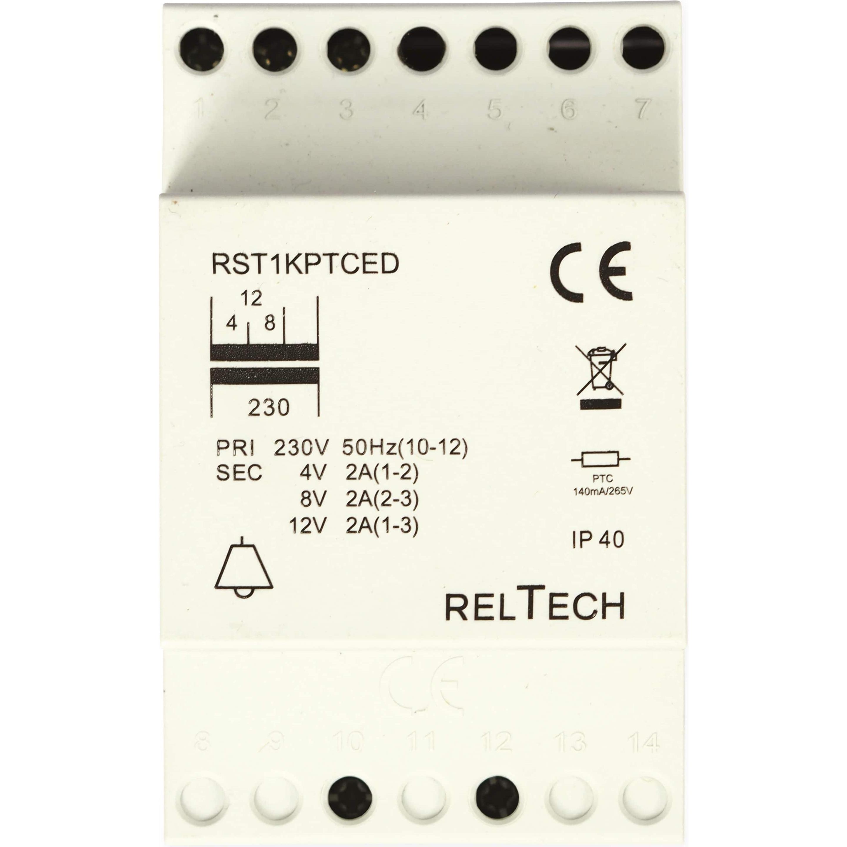 Reltech Sicherheitstransformator RST1PTCED, 4-8-12V/2A, Transformator