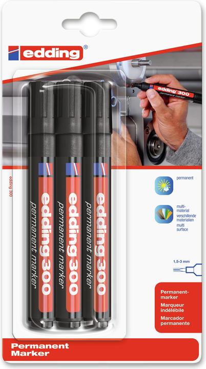 Immagine prodotto Edding Marcatore permanente 300 ricaricabile 1,5-3 mm nero PU=3 pezzi (Nero, 3 mm, 3 x)