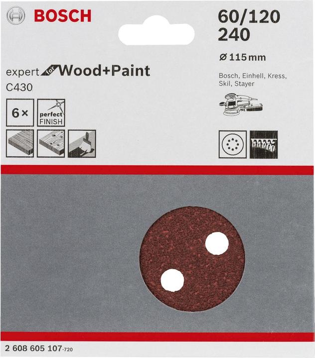 Produktbild Bosch Professional Zubehör Schleifblatt C430, 115 mm, 60, 120, 240, 8 Löcher, Klett, 6er-Pack (120, 240, 60)