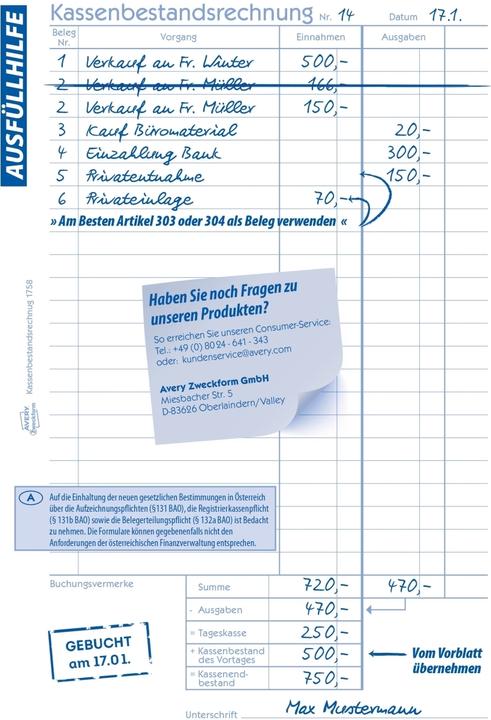 Nährwerte und Zutaten Avery Kassenbestandsrechnung (40 x)