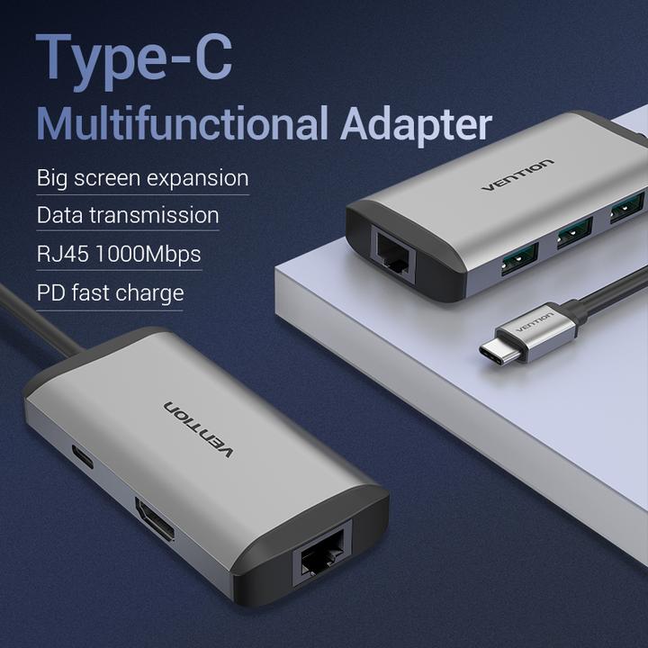 Actual product image Vention USB-C Docking Station to HDMI, 3x USB3.0, RJ45, PD 0.15m CNCHB, grey (USB-C, 5 Ports)