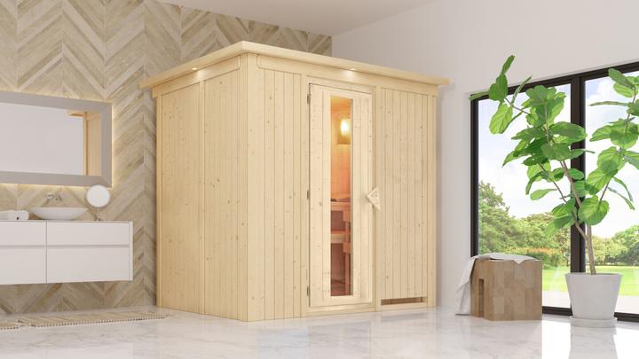 Actual product image Karibu Sauna Benin front entry, wreath (Plug & Play 3.6 KW internal control)