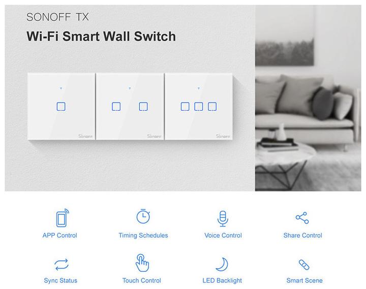 Image du produit Sonoff Commutateur d'éclairage T2EU3C-TX WiFi-RF, triple