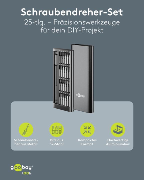 Produktbild Goobay Schraubendreher-Set mit 24-tlg. Präzisions-Bitsatz (Innensechsrund, Kreuzschlitz, Spanner, Tri-Wing)