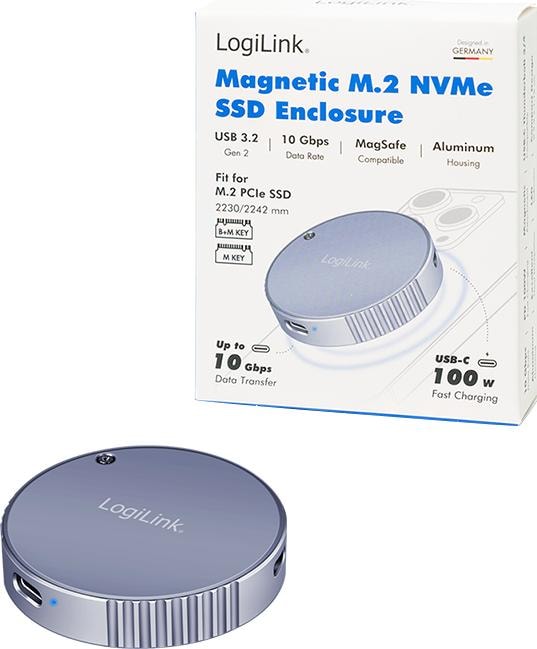 Actual product image LogiLink Magnetisches USB 3.2 Gen2 SSD-Gehäuse, 100 W PD, MagSafe-kompatibel, Spacegrau (M.2 2230)