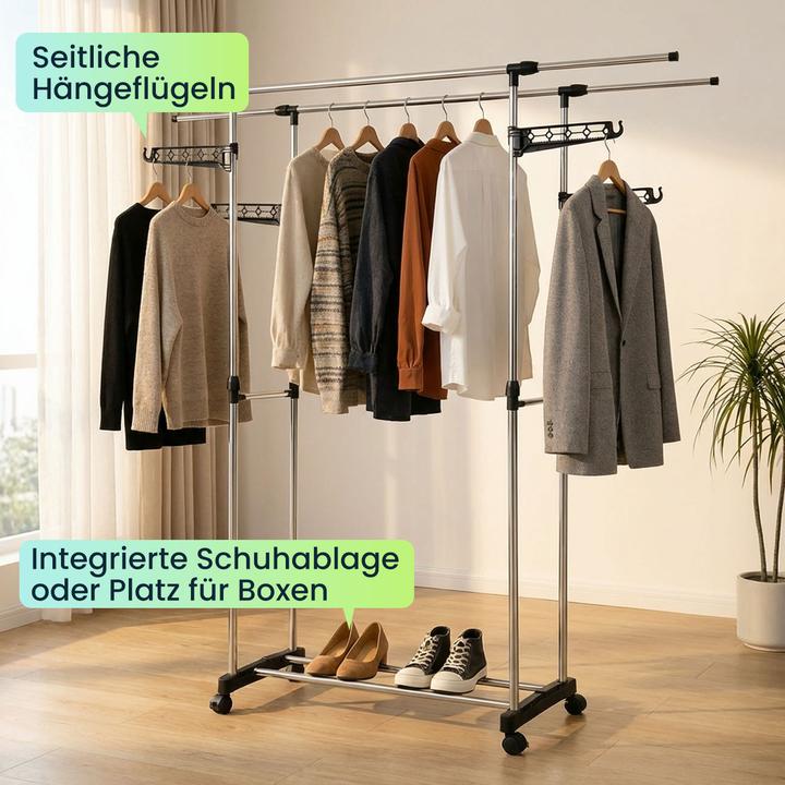 Produktbild Ideoon Mobiler Kleiderständer mit Doppel-Kleiderstange, ausziehbar & höhenverstellbar - Garderobenständer m