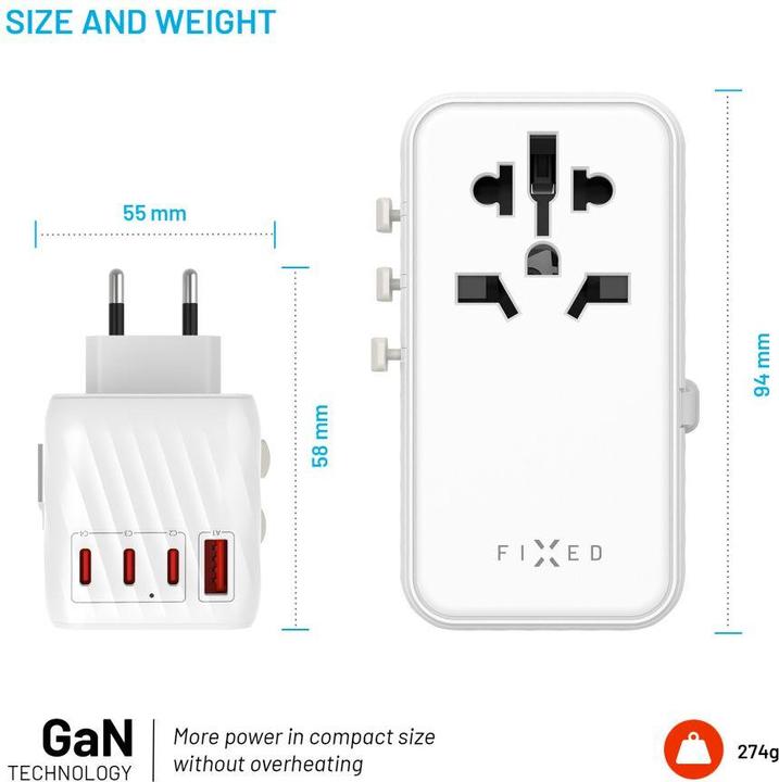 Actual product image Fixed Voyager World Adapter, 4xUSB-C/1xUSB, GaN, 85W, white