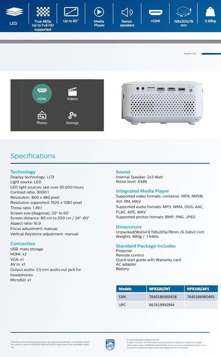 Produktbild Philips Videoprojektor Neopix 100 (WVGA, 80 lm, 1.47:1)