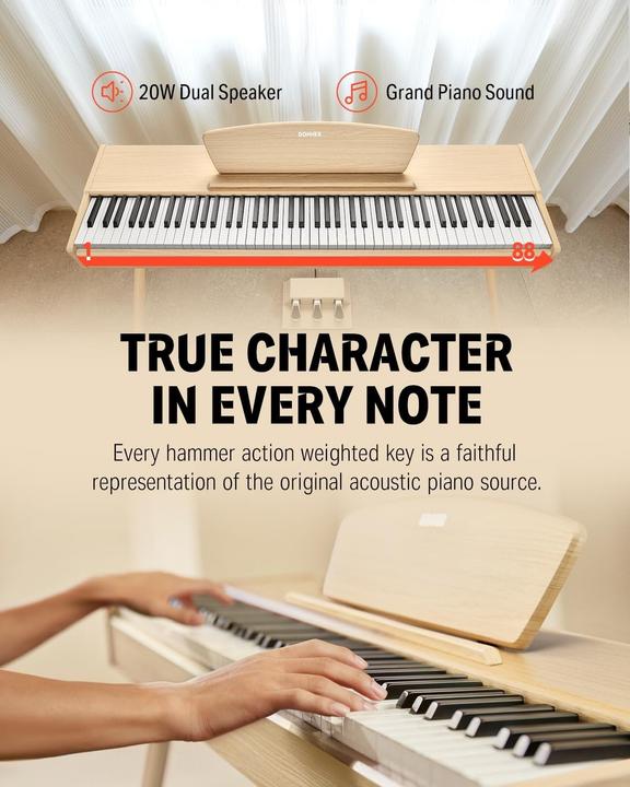 Image du produit Donner Piano numérique 88 touches avec mécanisme à marteaux, polyphonie 128 et connectivité USB-MIDI (88 Boutons)