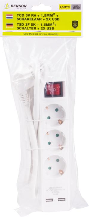 Actual product image Benson Electric Extension socket 3-way + earth + 3 x 1.5 + switch (3x, CEE 7/3, 1.50 m)