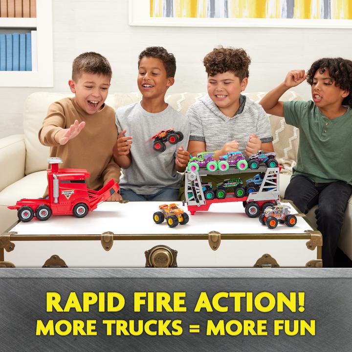 Actual product image Spin Master Monster Jam, Official 2-in-1 Launch N' Go Hauler playset with storage space, includes Monster Truck