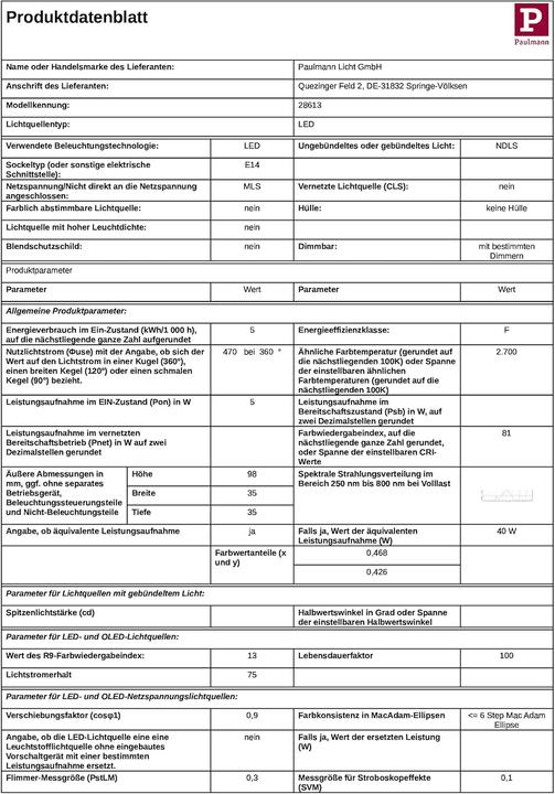 Produktbild Paulmann Kerze (E14, 5 W, 470 lm, 1 x, F)
