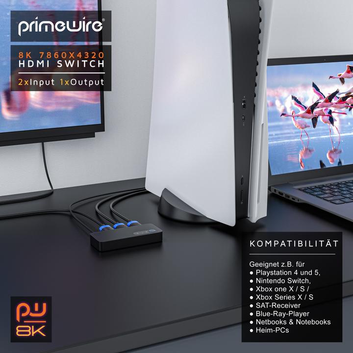Actual product image Primewire 2-port HDMI splitter, 8K aluminium HDMI switch 2 in 1 Out UHD, distributor, switcher, 4K 3D HDR