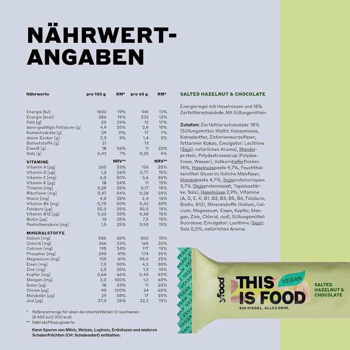 Nährwerte und Zutaten YFood Veganer Riegel Salted Hazelnut & Chocolate (1 Stk., 60 g)