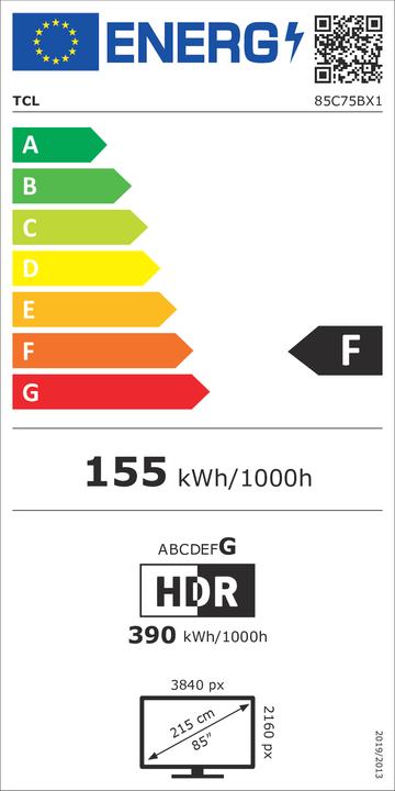Label énergétique TCL TV QLED 4K 144Hz avec Google TV et Game Master Pro 3.0 (75", QLED, 4K)