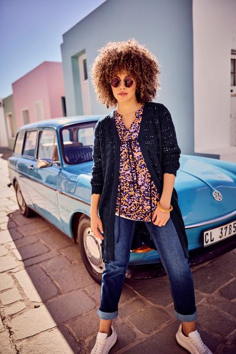Produktbild Ulla Popken Long-Strickjacke, Band-Verschluss, V-Ausschnitt, Langarm (62)