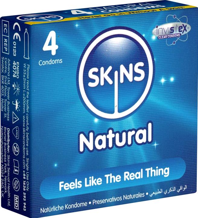 Skins Natural» 4 natürliche Kondome aus kristallklarem Latex - ohne Latexgeruch (4 Stk.)