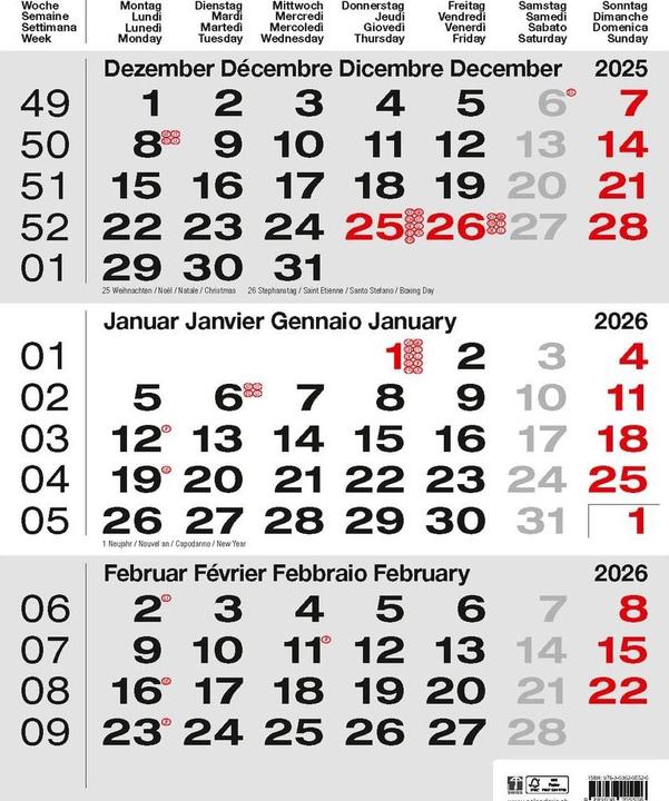 Produktbild 3-Monats-Kalender grau 2026 (31 x 40 cm, Kein Einband, Französisch, Deutsch)