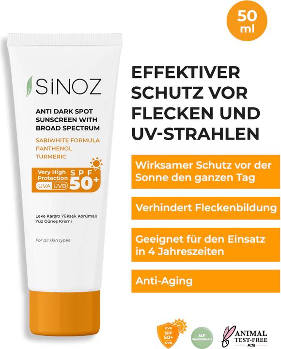 Actual product image Sinoz Sonnenschutzcreme SPF50+ gegen dunkle Flecken 50ml (Suntan cream, SPF 50+)
