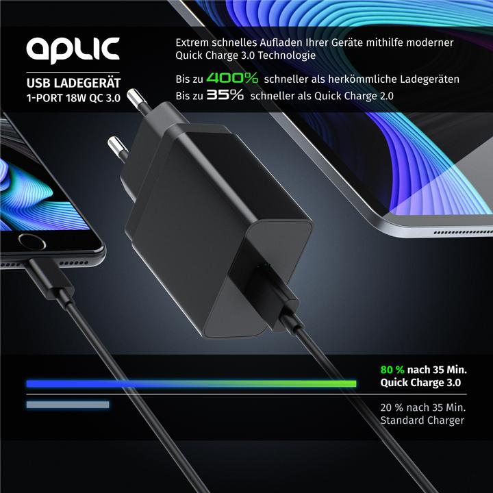 Actual product image Aplic USB charger 3000 mA, Quick Charge 3.0 USB charger 1x USB A QC 3.0 port, max. 3A via QC, black (1 portion)