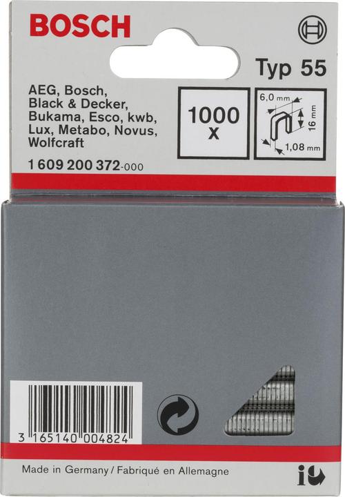 Produktbild Bosch Professional Zubehör Schmalrückenklammer Typ 55, 6 x 1,08 x 16 mm, 1000er-Pack